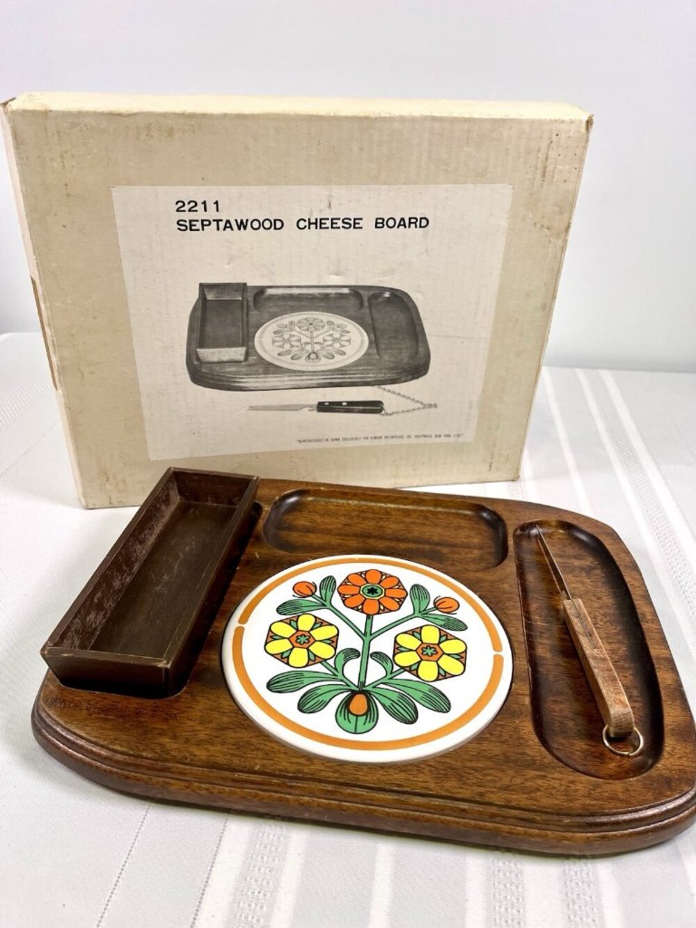 VTG 1970s Himark Septawood Cheese Board Serving MCM Retro Mod Flower Power
